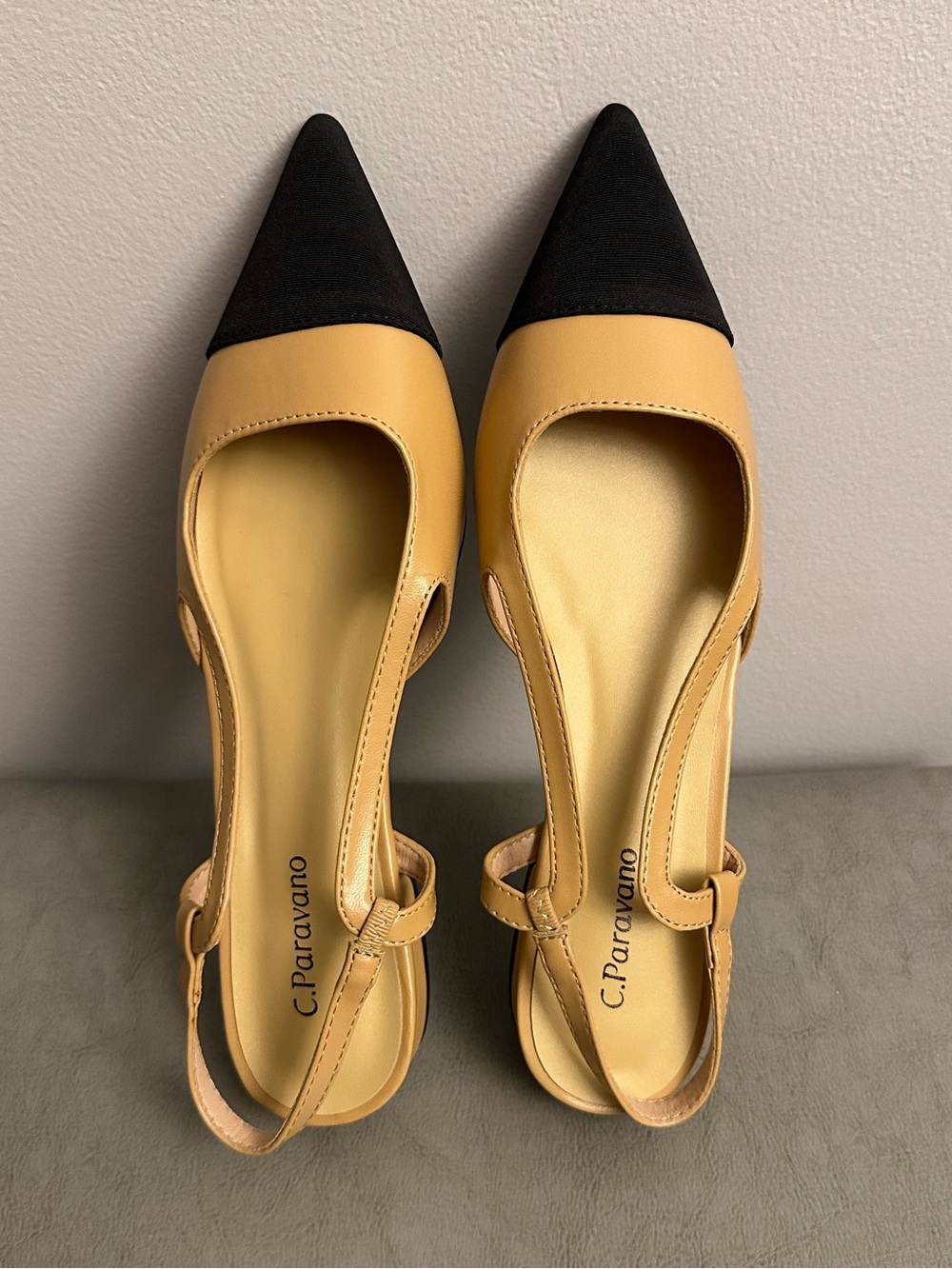 C. Paravano Tan and Black Pointed Slingback Flats NEW